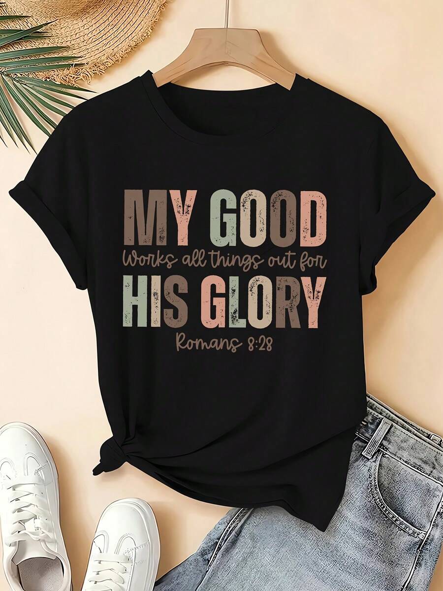 Women's Plus Size Christian Faith T-Shirt - Top Compatible With Short Sleeves And Round Neck With Vintage Verse Print, Suitable For Church, Commuting, Vacation, Casual Wear, Spring, Summer And Autumn Casual T-Shirt - 黑色 - 查看 1