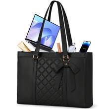 Laptop Tote Bag, Lightweight Quilted Work Bag, Multi-Pocket Shoulder Bag, 15.6 Inch Computer Bag, Waterproof PU Leather Tote, Detachable Bow Design, Large Capacity School Bag - Multicolor - View 9