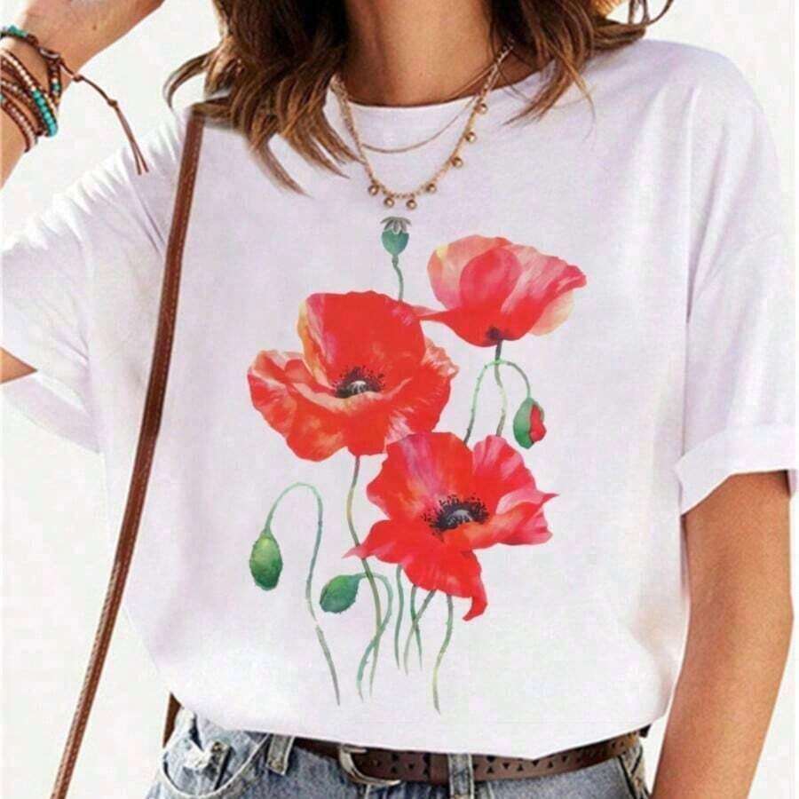 Women's Breathable Bohemian T-Shirt, Fashionable In Summer, Harajuku Floral Print, Popular Y2K Style, Round Neck, Short Sleeve, Casual. - 棕色氧化物 - 查看 1