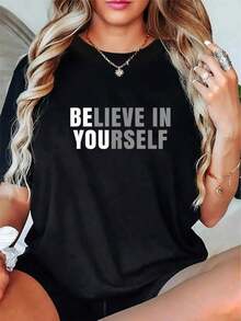 "If You Believe In Yourself" - T-Shirt With Positive Message Phrases, Short Sleeve Casual Shirt, Blouses For Women - 黑色 - 查看 1
