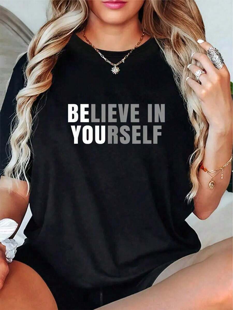 "If You Believe In Yourself" - T-Shirt With Positive Message Phrases, Short Sleeve Casual Shirt, Blouses For Women - 黑色 - 查看 1