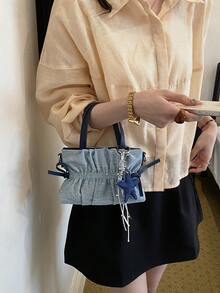 1件女士时尚牛仔手提包/单肩包，带装饰挂件 - 淺藍色 - 查看 3