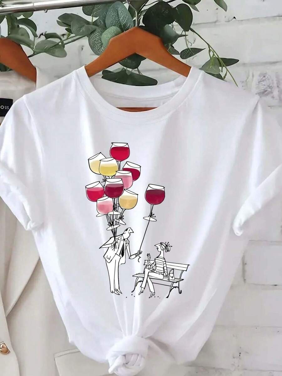 Women's Graphic T-Shirt White Wine Lover - Casual Short Sleeve Round Neck Blouse For Summer With Wine Glass And Grapes Print, Machine Washable, Spring/Summer Blouse For Wine Tastings, Parties And Casual Outfits, Party Clothes, Lightweight Material, Comfortable Fit, Printed T-Shirt, For Wine Lovers. - 白色 - 查看 1