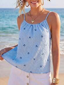 Camiseta de tirantes con pliegues con estampado de cebra para mujer - Azul y blanco - Ver 6