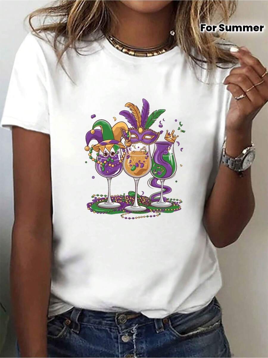 TeeWo Minimalist Basic White Casual Short Sleeve Crew Neck T-Shirt | Three Decorative Prints Of Wine Glasses, With Feathers, Crowns And Festive Beads, Breathable Summer And Spring T-Shirts, Suitable For Parties, Carnivals, Casual Wear, T-Shirts With Vibrant Prints, Non-Transparent Material For Everyday Casual Wear. - 白色 - 查看 1