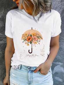 Soft Summer T-Shirt For Women With Short Sleeves Featuring "Umbrella And Flower" Print, 100% Cotton, Fashionable And Casual, Machine Washable, Comfortable Fit, 2D Flat Print, Elegant Blouses For Women. - 白色1 - 查看 1
