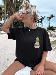 Fashionable And Personalized Y2K Women's T-Shirt, 180g Pure Cotton, Loose-Fitting Short-Sleeved Top, Urban Style Elegance, Casual And Breathable For Everyday Wear, Creative Summer Print, Outdoor Sports Gift, Bohemian Style, Pineapple, Leaves, Gold Thread. - 白色 - 查看 11