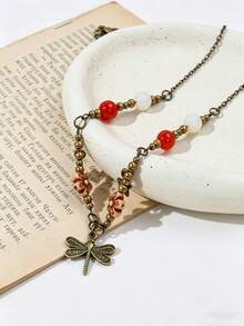 1pc Vintage Dragonfly Pendant Necklace, Bohemian Floral & Star Beaded Choker Necklace, Versatile Daily Wear Jewelry - Multicolor - View 5