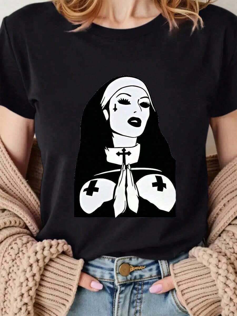 Women's Gothic Nun Graphic T-Shirt - Black Religious Shirt With White Eye Outlining - Stretchy Fabric For Halloween, Gothic Parties, And Casual Wear - Bold Catholic Nun Costume - Casual Wear, Gothic Accessories, Halloween Outfit, Medium Elasticity - 黑色 - 查看 1