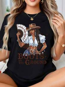 Camiseta Retro De Mujer Estilo Western Botas En El Suelo , Camiseta De Manga Corta Con Diseño De Botas Y Sombrero De Vaquero, Camiseta Informal De Cuello Redondo Con Estampado Vibrante Para Uso Round Neck Printed Short Sleeve Casual Everyday T-Shirt, They Are Excellent Gifts For Friends And Family,100% Cotton T-Shirts Feature, A Youthful And Fashionable Design blusas para mujer camisa - Negro - Ver 6