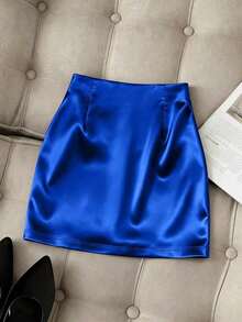 Falda ajustado plisada de cintura alta con dobladillo asimétrico brillante y elegante para mujeres, primavera/verano - azul real - Ver 2