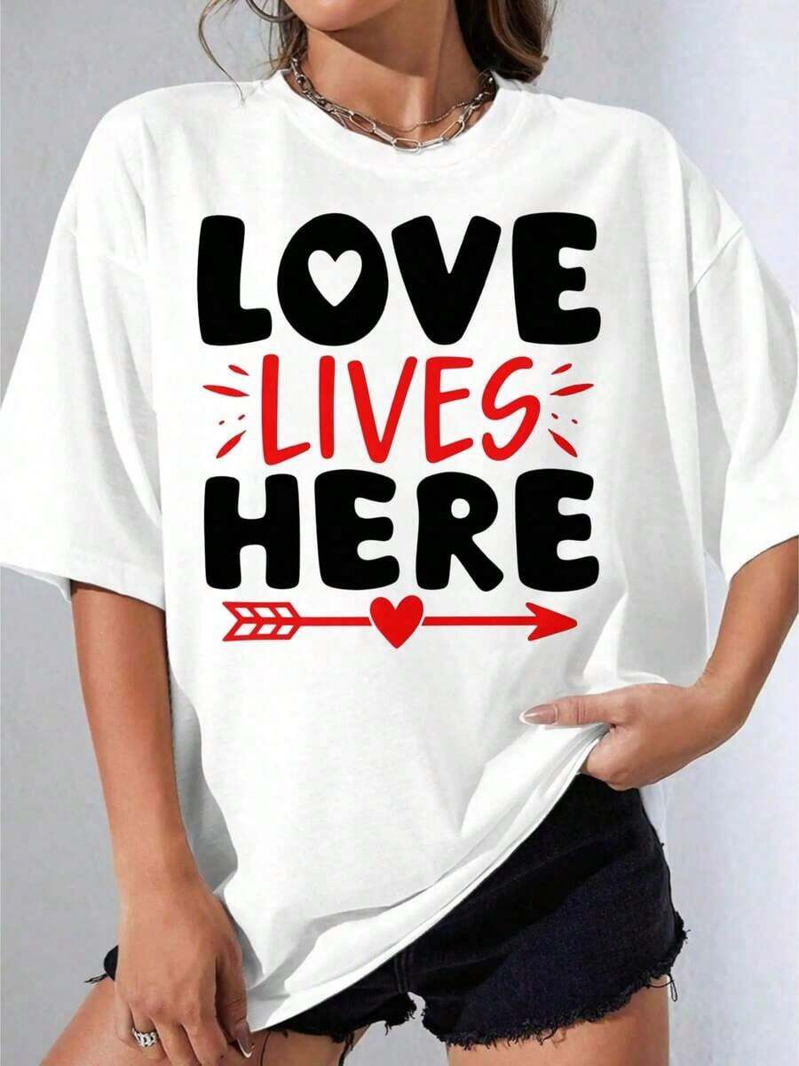 Black And White T-Shirt For Girls, Oversized T-Shirt With Heart And Arrow Print "White Love Lives Here", For Everyday Casual Wear, Outdoor Parties, Casual Printed T-Shirt - 白色 - 查看 1