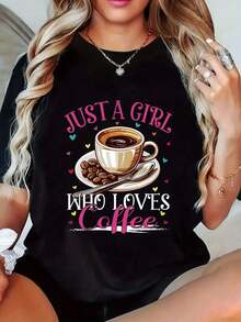 Camiseta de manga corta con cuello redondo y corte holgado 100% algodón para mujer, top informal para uso diario en verano. Camiseta gráfica "Just A Who Loves Coffee" para hombre y mujer - Camiseta informal blanca de manga corta con cuello redondo y diseño de taza de café, perfecta para primavera y verano, ropa para amantes del café. |   Estampado Divertido |   Ajuste cómodo, camiseta Coffee Tshirt de algodón puro, de corte holgado, cuello redondo y manga corta, transpirable, suave, informal y básica. - Negro - Ver 7