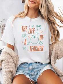 1 Piece Women's Casual Spring Summer Letter Print T-Shirt, Round Neck, Short Sleeve, Sporty, 180g 100% Cotton - 白色 - 查看 7
