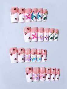 24pcs Long Coffin Shaped 3D Gel Nail Stickers, Includes Hibiscus Flower & Ladybug Patterns, Suitable For Short Nails, Comes With Double-Sided Tape 1pc & Nail File 1pc - Multicolor - View 6