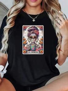 Women's T-Shirt With Vintage Mexican Skull Print, Day Of The Dead Style, Loose Fit, Modern And Fashionable Short Sleeve Top With Unique Artistic Design For Women. - 黑色 - 查看 1