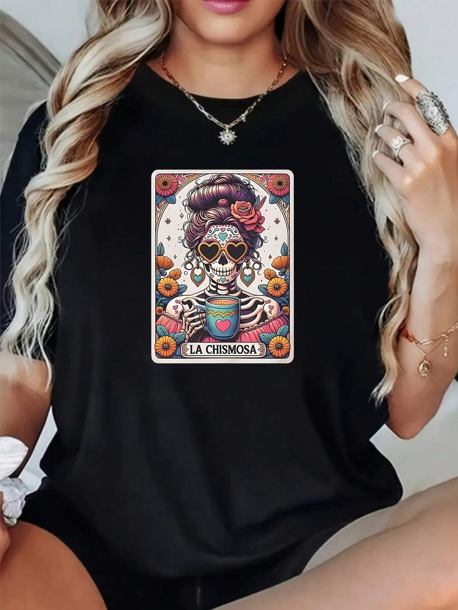 Women's T-Shirt With Vintage Mexican Skull Print, Day Of The Dead Style, Loose Fit, Modern And Fashionable Short Sleeve Top With Unique Artistic Design For Women. - 黑色 - 查看 1