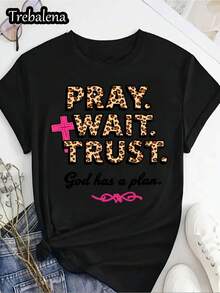 Women's Christian T-Shirt: Prayer, Hope, Trust In God's Plan. Leopard Print Design. Faith T-Shirt With Pink Bow Design. Casual Short-Sleeved Crew Neck T-Shirt. Suitable For Spring, Summer, And Autumn. Mother's Day Gift. - 黑色 - 查看 6