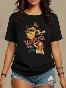 Vampire Cat With A Hypnotic Gaze Emerging In The Night With A Surprised Woman, Reminiscing About Retro Horror Movies, Funny And Humorous Women's Casual T-Shirt - Vintage Street Style Unisex Loose Cotton Short Sleeve Crew Neck Shirt - 黑色 - 查看 7
