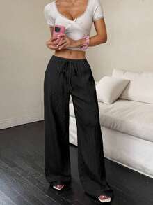 Pantalones de pierna ancha con bolsillo en diagonal, cintura anudada y tela de textura de unicolor para mujer - Negro - Ver 5