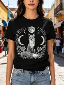 Limited Time Offer, Limited Quantities, Flash ! Women's Casual Shirt, Elegant, Women's Short-Sleeved Sports T-Shirt, Fox Print, Starry Sky Trim. - 黑色 - 查看 10