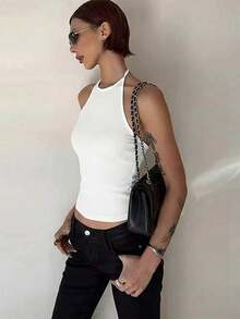 Top de tirantes finos ajustado y sin espalda, top de ajuste ceñido para capas, casual negro para otoño/invierno y verano - Blanco - Ver 4