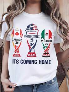 Women's 2026 World Cup T-Shirt, Soft Cotton, Casual Style, Graphic Design Of Canada, USA, Mexico, 2026 World Cup, The Event Is Coming, Summer Clothes, Gift For Football Fans, Celebrating The World Cup, Best Gift For Girlfriend, Wife, Sister Of Fans, Round Neck, 100% Cotton, Soft Fabric, Short Sleeve, Breathable And Cool. - 白色 - 查看 2