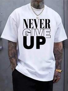 Plus Size T-Shirt - Heavyweight 180g Cotton With "NEVER GIVE UP" Motivational Print - Soft, Breathable, And Loose Fit Gym T-Shirt, Casual Wear - Ideal Gift (Machine Washable) - US Sizes Available, Gym T-Shirts, PLUS SIZES - 白色 - 查看 1