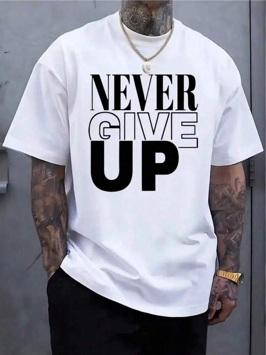 Plus Size T-Shirt - Heavyweight 180g Cotton With "NEVER GIVE UP" Motivational Print - Soft, Breathable, And Loose Fit Gym T-Shirt, Casual Wear - Ideal Gift (Machine Washable) - US Sizes Available, Gym T-Shirts, PLUS SIZES - 白色 - 查看 1