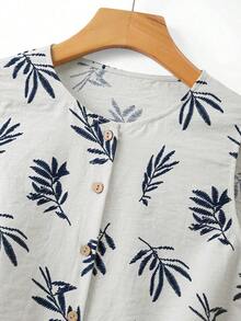 Vestido casual de mujer sin mangas con estampado de plantas y diseño de una sola hilera de botones - Blanco - Ver 7