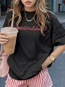 New Summer Fashion Collection, Women's Casual Short Sleeve Crew Neck T-Shirt - Printed, Soft And Comfortable Fabric, Machine Washable, White Summer Blouse, 180g 100% Cotton - Unisex Urban Vintage Style, Loose Fit Cotton Short Sleeve Crew Neck T-Shirt - 黑色 - 查看 8