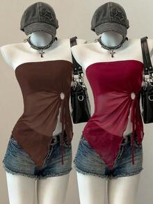 2 piezas Top de mujer con bajo asimétrico y borde de lechuga con cordón lateral, nueva llegada - Multicolor - Ver 8