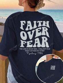 "Faith Over Fear" Double Print T-Shirt - Short-Sleeve Crew Neck Pure Cotton T-Shirt,  Holiday Style, A Daily Essential. Holiday Outfits, Simple Retro Street Style Top. Everyday Campus Wear For Men And Women - Comfortable Loose Fit Cotton Vintage Street Style T-Shirt - 海軍藍 - 查看 5