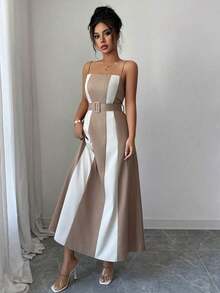 YHHElenzga Vestido de cóctel de media pierna con decoración de botones y bloque de color, elegante para la oficina/vacaciones, de tela similar al lino, apropiado para el Día de la Independencia, graduaciónYHH - Albaricoque - Ver 4