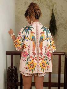 2 piezas Conjunto de talla grande Chaqueta de manga corta con estampado de leopardo, casual y de moda para uso diario - Multicolor 2 - Ver 2
