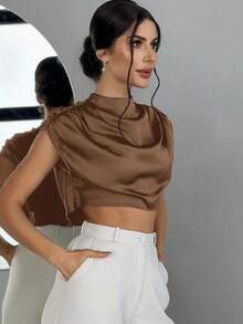 Blusa arrugada de cuello alto para mujeres - Café integral - Ver 4