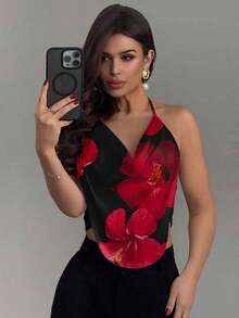 Top de cuello halter para fiesta sin espalda con fornteras drapeadas y diseño sólido - Negro - Ver 5