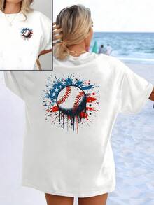 Baseball Surrounded By Red, Blue, And White Splashes That Evoke Sporty Energy And Summer Spirit With A Modern Artistic Touch. Women's T-Shirt With Festive Double Print, Casual Beach Style. - 白色 - 查看 1