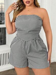 Conjunto de 2 piezas de top acortado y shorts a rayas azules y blancas en tallas grandes, conjunto informal estilizador para el verano - Negro - Ver 6