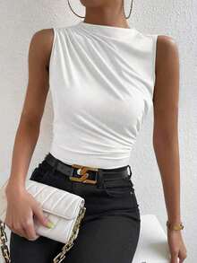 Blusa casual versátil con cuello alto y plisados para mujer - Blanco - Ver 1
