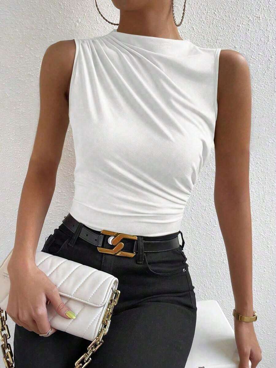 Blusa casual versátil con cuello alto y plisados para mujer - Blanco - Ver 1