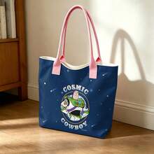 Miniso Disney Toy Story Buzz Lightyear Cosmic Cowboy Canvas Tote Bag, Navy Blue Star Print Shoulder Bag For Daily Use - White - View 2