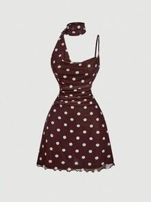 Vestido de mujer de estilo retro y elegante con estampado de lunares marrones, cuello asimétrico, drapeado y cintura fruncida con malla - Marrón - Ver 4