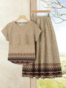 2 piezas Conjunto de top casual de unicolor + falda estampada para vacaciones de mujer, Conjunto de ropa de verano para mujer, Conjunto de falda de verano, Conjunto de falda y top, Conjunto de falda y top para mujer, Conjunto de falda estampada - Multicolor - Ver 6