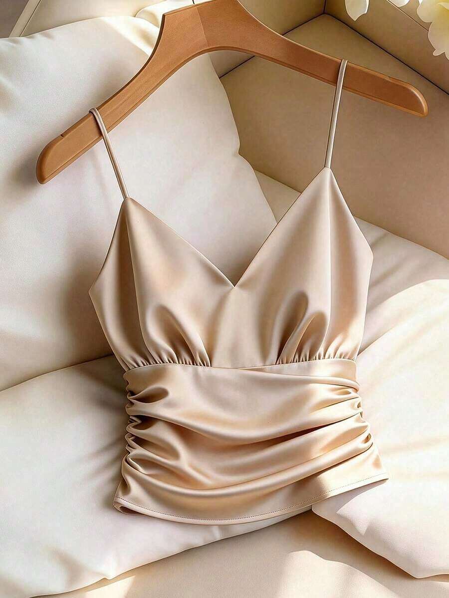 Blusa de satén sin mangas con cuello en V y diseño de fruncido en la cintura, favorecedora, elegante, sexy y versátil para primavera/verano - Champán - Ver 1