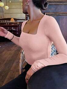 Elegante camiseta básica minimalista vintage casual de uso diario, reversible, de punto con cuello redondo y manga larga para mujer, color negro, para primavera - Rosa - Ver 3
