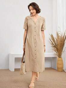 Vestido casual diario de encaje y parches para mujer, primavera y verano - Albaricoque - Ver 6