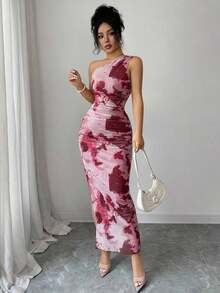 Vestido de noche de lujo para mujer, vestido sexy sin mangas con cuello asimétrico y estampado de teñido anudado - Burdeos - Ver 4