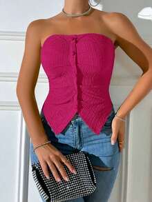 Top Tubular De Color Sólido Para Mujer - Rosa Fucsia - Ver 3