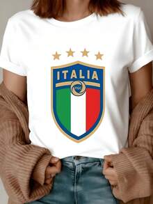 Tricolor Shield With Four Golden Stars Symbolizing National Pride And The Strength Of The Italian Team In A Vibrant And Elegant Design. Comfortable, Modern Casual Women's T-Shirt For Football Fans. - 白色 - 查看 8